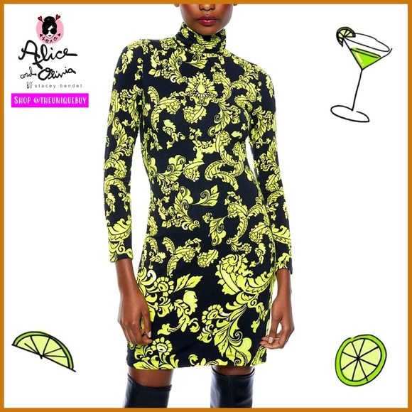 Alice + Olivia Delora Turtleneck Floral Black Lime Punch Mini Dress - Picture 1 of 17